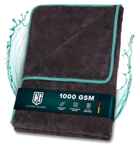 Clean Guard XXL Mikrofaser Trockentuch 1000GSM | Saugstarkes & Fusselfreies Trockentuch 90x60cm | Kratzfreies Trocknen & Polieren | Hochwertiges Mikrofasertuch | Auto Handtuch