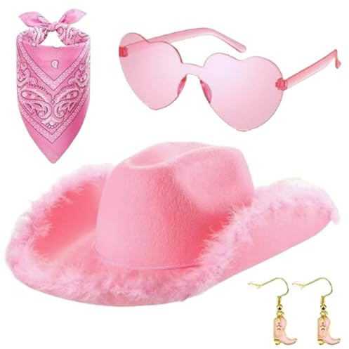 Generisch Cowgirl Hut | 4er-Pack Cowboyhut-Damenset | Partyzubehör Rosa Cowboyhut Mit Brille Und Bandana | Stilvolles Rosa Cowgirl-Hut-Rollenspiel für Karnevalsparty-Frauen Und Mädchen