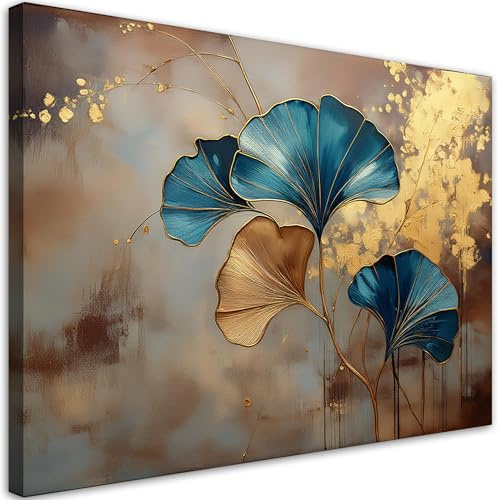 Feeby Quadri camera da letto - Stampa Su Tela - Canvas 120x80 cm - Decorazioni Camera - Fiori di Ginko Natura Oro - Decorazione Murale - Moderno Soggiorno - quadri moderni soggiorno - poster