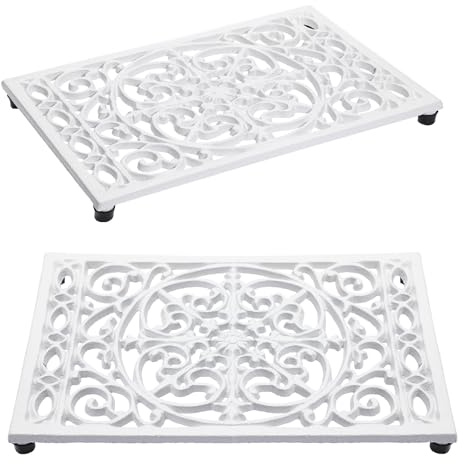OLegei 2 sottobicchieri rettangolari in ghisa vintage con gambe in gomma per proteggere i piatti caldi, supporto per casseruola per cucina e tavolo da pranzo (bianco, stile 3)