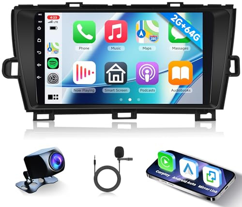 2G+64G Inalámbrico Carplay Android Radio de Coche para Toyota Prius 3 XW30 2009-2015 9 Pulgadas Radio Coche 2 DIN con Android Auto GPS Navi WiFi Mirror Link Bluetooth FM/RDS EQ/USB/SWC Cámara Trasera