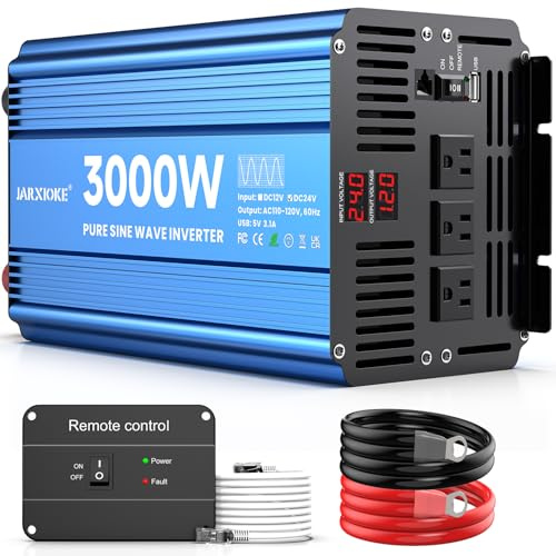 3000 Watt Pure Sine Wave Power Inverter 24V DC to 110V 120V Converter for Home, RV and Off-Grid Solar Systems with 3 AC Outlets, Dual USB Ports, LCD Display and Remote Control