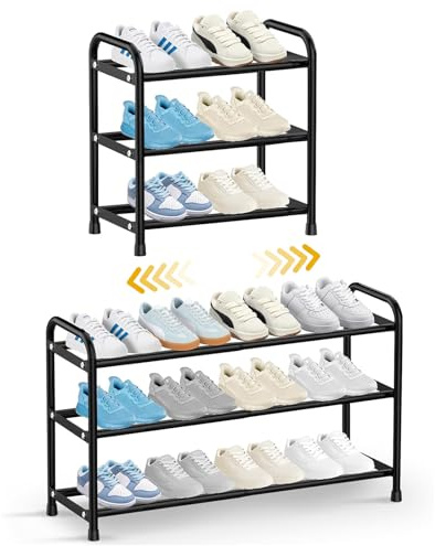 NIAWECAN 3 Tier Expandable Shoe Rack, Adjustable Shoe Storage, Metal Shoe Rack Small, Sturdy Narrow Shoe Racks, Free Standing Shoes Shelf Stand Organiser for Closet Wardrobe Entryway, Quick Assembly