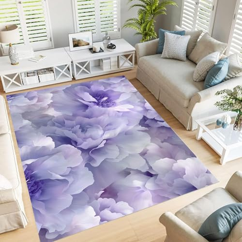 JEDTAKCT Area Rugs Living Room – Lilac Rug For Bedroom Dreamy 3D Peony Carpet – Plant Aesthetics Non-Shedding Durable Soft Non-Slip Carpet, 80X150Cm Machine Washable Rugs, Medium型号 Rug