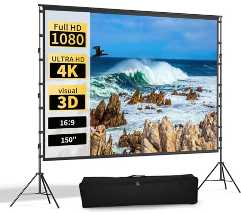 petour 150 Zoll Beamer Leinwand mit Stativ, Tragbare Projektor Leinwand 16:9 Format für 4K HD, Faltbare Projektionswand mit Tragetasche für Heimkino, Camping, Büropräsentationen (Indoor/Outdoor)