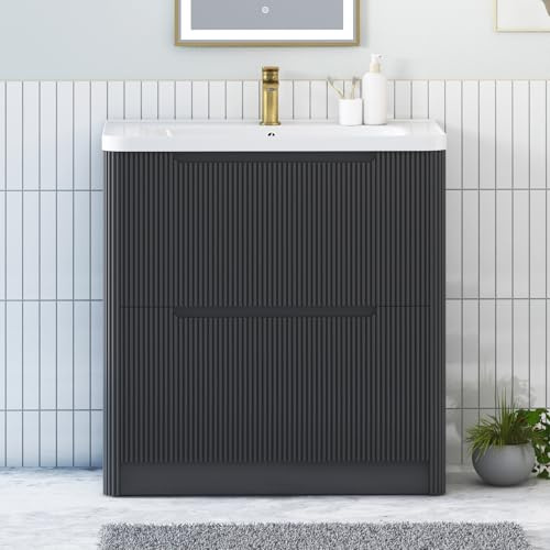 Royal Bathrooms Avenza 800mm Fluted Bathroom Vanity Unit with Ceramic Basin Matt Obsidian Black Floor Standing 2 Drawer Soft Close Storage Cabinet Modern Cloakroom Under Sink Furniture