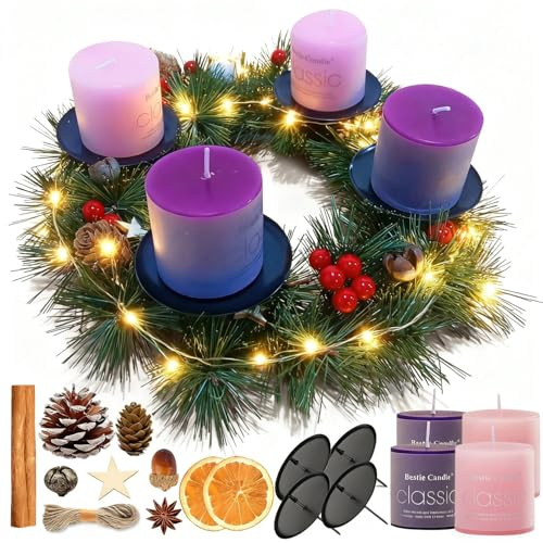 SUNXBUK Corona Avvento,Corona Avvento 20 cm con 4 Candele,112 Pezzi Natale Decorazioni Include Cannella Stecche Artificiali Pigne Arancia Secca,Fai da Te Artigianato per Decorazioni Tavola Natale