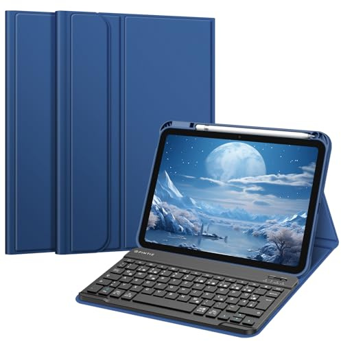 FINTIE Tastatur Hülle für iPad (A16) 11./10. Generation (11/10.9 Zoll) | Magnetisch Abnehmbare Deutsches QWERTZ-Layout Bluetooth Tastatur, TPU Rückschale Schutzhülle mit Stifthalter, Navy Blau