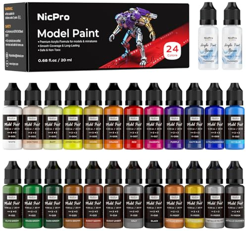 Nicpro 24 Colors Model Paint Set, 20ml Ready to Use Modeling Acrylic Paints, Brush & Airbrush Compatible, Miniature Paint Set for Beginner & Professional on Model, Scale Figure, Crafts, with 2 Thinner