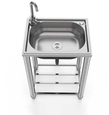 Lavello Autoportante Acciaio Inox, Lavandino da Esterno con Rubinetto Lavandino Commerciale Lavello di Utilità Lavabo Cucina Lavamani Industriale Per Esterni Cortile Garage Campeggio 50X40cm