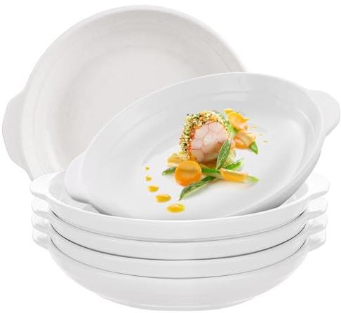 AZKEEGREY 4 Pcs Porcelain Dinner Plates with Handles, Round 20 cm Plate Set | White Tableware, Classic Dinner Serving Dishes for Appetizer, Dessert, Home, Kitchen, Afternoon Tea,Microwave Dishwasher Safe