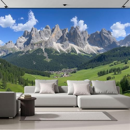 ANALTIRCE Papel Tapiz Fotográfico 3D Valle Iglesia 250An×175Al cm Papel Pintado Panorámico, Naturaleza Montañas Fotomurales Decoración Pared Moderna para Cuarto de Niño, Salón, Verde