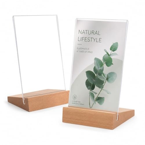 JYYWTSI 2 unidades de expositores de mesa A6, acrílico con base de madera, soporte transparente de doble cara para tarjetas de menú, soporte de mesa, soporte en forma de L, 10 x 15 cm, para