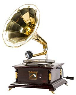 Gramophone avec trompette en laiton HIS MASTER'S VOICE reproduction carrée avec inserts