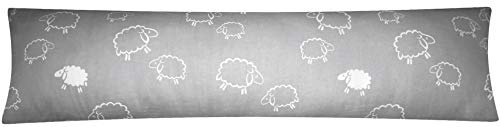 Renforcé Seitenschläferkissen Bezug 40x145cm Schafe Lämmer Grau (99-7-B) | Schafe in grau und weiß - 100% Baumwolle, Kissenbezug, Kissenhülle, mit Reißverschluss