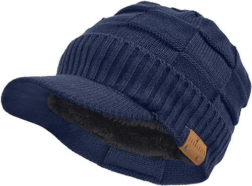 Uomo Maglia Visiera Beanie Vello Foderato Polsino Inverno Giornaliero Cappellino (Plaid Marina)