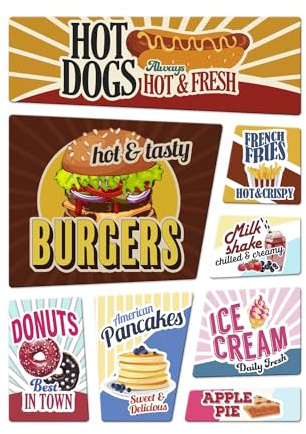 Retro Kühlschrankmagnete im 8er Set zum Thema: American Diner Amerika Fast food