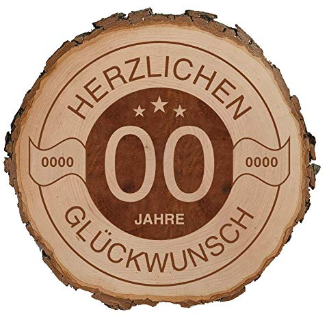 SNEG Baumscheibe mit Rinde + graviertem Glückwunsch-Motiv, Geschenk zum Jubiläum, Jahrestag oder Geburtstag (Beliebige Zahlen, 18-20 cm)