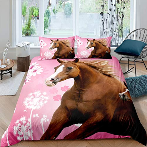 Loussiesd Pferdebettwäscheset 155x220cm Mädchen Tiere Drucken Bettbezug Set Rosenblumen Pferdebettwäsche Rosa Braun 2 Stück Weiche Mikrofaser für Kinder Teenager Frauen mit 1 Kissenbezug 80x80cm