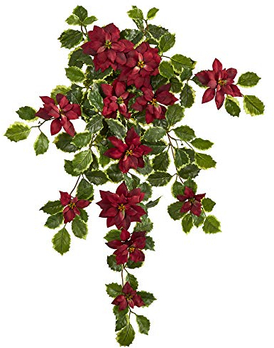 Nearly Natural Planta Artificial de Flor de Pascua y Acebo abigarrado de 30 Pulgadas (Juego de 2) (Tacto Real), Color Rojo