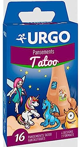 Urgo Pflaster für Kinder, Tattoo, Fantasie, 4 Designs, 2 x 16 Stück | Verband/Wundverband im Tattoo-Design zum Schutz von kleinen Wunden bei Kindern