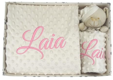 variouss Manta de Bebe Personalizado con su Nombre Bordado, Incluye DouDou, Manta Suave para Cochecito, Capazo o Cuna, Regalo de Nacimiento o Baby Shower (Beige)
