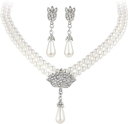 TOFBS Perlenhalskette Schmuckset Tropfenanhänger Kristall Blumen Verzierung Mehrreihig Brautschmuck Elegante Ohrringe Damen Accessoires