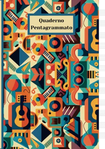 Quaderno pentagrammato | Copertina Design Caos Musicale Blu | 130 pagine con 12 pentagrammi per pagina | Indice iniziale, Pagine Numerate, note e ... Violino Basso Batteria Tromba Violoncello