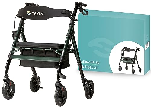 Helavo Schwerlastrollator mit Pannensicheren Vollgummireifen für Draußen - Extra breiter Outdoor-Rollator aus Aluminium mit großem, höhenverstellbarem Sitz - Belastbar bis 226 kg
