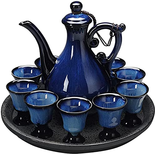 UZOURI Chinese Antique Wine Set, High-End Ceramic Set, Household Wine Jug X1, Wine Glass X10, Tray X1
