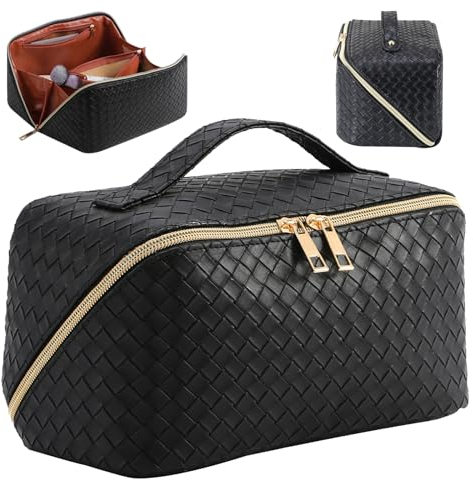 Kosmetiktasche Reise Damen,Make Up Tasche mit Groß Kapazität,PU Leder Portable Schminktasche Kulturtasche Organizer,Beauty Case für Reisezubehör Travel Essentials Women(Gewebt-Schwarz)
