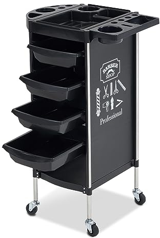 Barberpub Friseurwagen mit 4 Schubladen und Rollen, Bedienungswagen, Friseur Arbeitswagen Drehbar, Beauty Salon Trolley, Rollwagen Stapelboy, Friseur Zubehör, 36 x 52,5 x 84,5 cm, 2023BK-N(Schwarz)