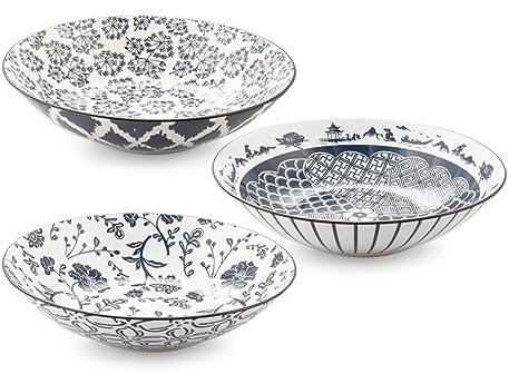 H&H Seta Set 3 Coppe Poke in Porcellana, Tonde, Decori Assortiti, 23cm