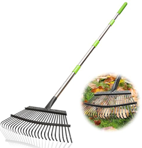 Joyhalo Rake for Leaves Adjustable 65 Inch Long, 18 Inch Wide Garden Rake with 25 Tines, Metal Leaf Rakes, Rakes for Lawns, Gathering Leaves, Weeds, Debris
