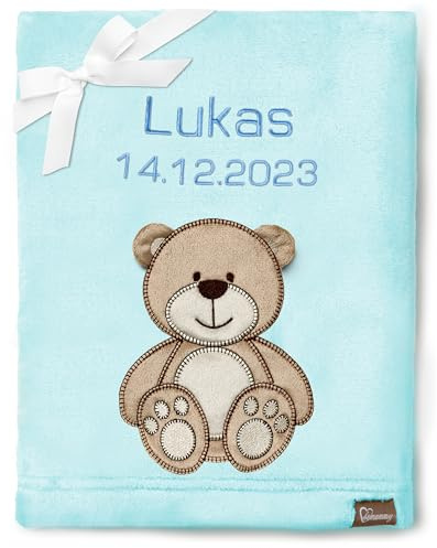 Be Mammy Personalisierte Babydecke mit 3D Applikation Warme Kuscheldecke mit Namen und Geburtsdatum; Perfektes Baby Geschenk; Blanket; Krabbeldecke BE20-280 (Puderblau - Bär)