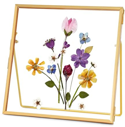 REDHUGO Double Glass Frame for Pressed Flowers, Square, Gold, 4x4 Inches | Handmade, Tabletop Photo Frame for Floating Picture and Flower Press, Simple, Metal Geometric