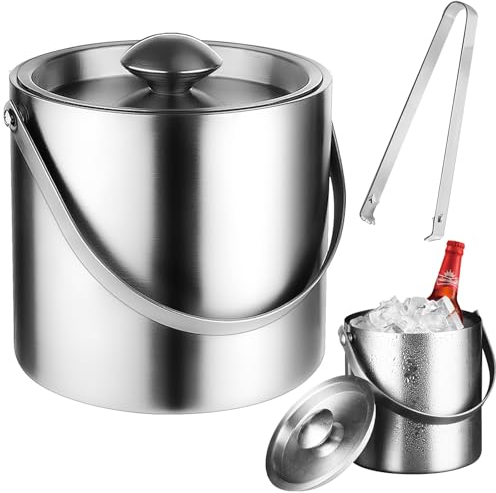 Eiswürfelbehälter, 2 L Edelstahl-Eiswürfelkühler Eiseimer, Eisbehälter mit Deckel, Zange und Henkel, Doppelwandiger, Isolierter Champagner-Eimer Ideal zum Kühlen von Bier Champagner Wein