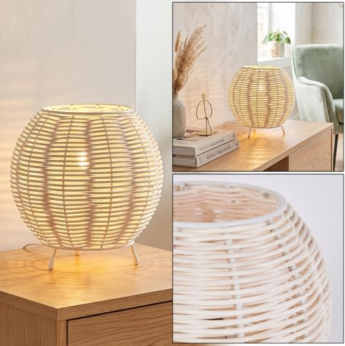 HOFSTEIN Tischleuchte Malpica, Tischlampe aus Metall/Rattan in Beige/Weiß, Leuchte im Boho-Design mit Schirm aus Rattan (Ø 16 cm) u. An/-Auschalter am Kabel, Höhe 16,5 cm, 1 x E14, ohne Leuchtmittel