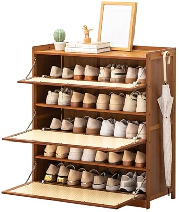 Bambus Schuhschrank mit Klappen, Schuhkipper Schuhschrank mit 2 Haken, Schuhregal Schrank für Flur Wohnzimmer, Eingangsbereich, Breite 33cm