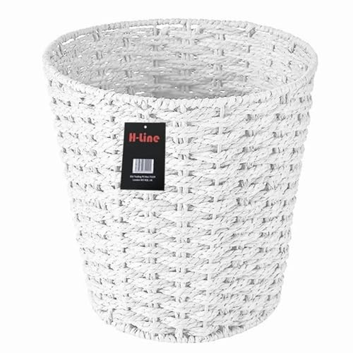 H-LINE Waste Paper Basket Bin, Round Paper Rope Wicker Style Rubbish Storage Bin for Bathroom, Bedroom, Living Room & Office, Wicker Bin Basket, Ideal for Modern Interiors (White)