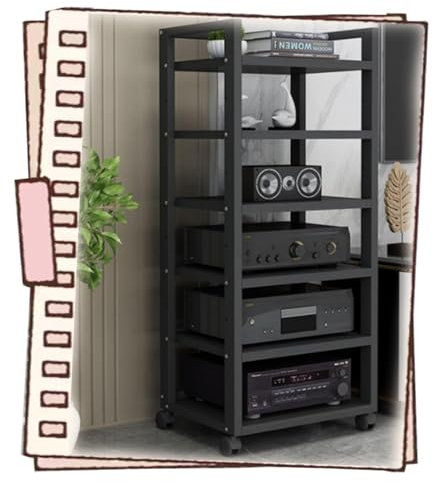 ZIUSFAC Meuble Chaine HiFi Support Multimédia 4/5/6 Niveaux Audio Meuble HiFi Audio Rack Multimédia Tour De Support Audio Stéréo Support avec Roues(Black,Length 60cm/6-Tier)