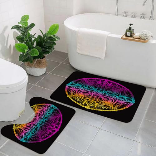 EYLOZS Badezimmerteppich Set 2 Teilig Waschbar rutschfeste Badematte Toilettenmatte Weich Saugfähige Badteppiche,Mandala kreisförmiges Muster dekorativ auf schwarzem Hgrund. Mandala für Henna-Tattoo-