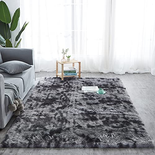 Jyswx Shaggy Hochflor Teppich - Flauschig, rutschfest, Waschbar - Grand Moderner Teppich für Wohnzimmer/Schlafzimmer, Kunstfell Imitat, Farbe: Tiedye-DunkelGrau, Größen: 120 x 180cm