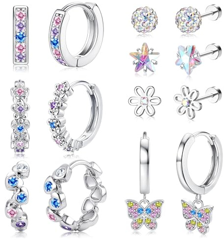 Diamday 7 Paar Hypoallergene Ohrringe für Mädchen Damen: 316L Chirurgenstahl, Creolen, Ohrstecker, Kinder, Mädchen, Huggie, Herz, CZ Stern Blume Tragus Knorpel Piercing Rosa Mehrfarbig