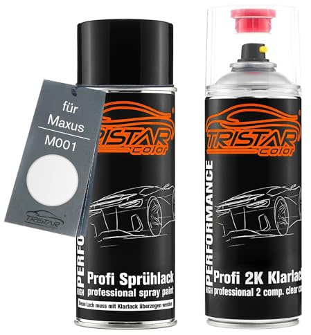 TRISTARcolor Autolack Spraydose für Maxus M001 White Solid + 2K-Klarlack | Set aus Basislack + 2K Klarlack, Sprühdosen 400ml