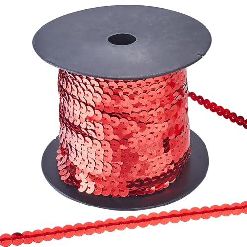 CABODYALS 91.44 m 6mm Rouge Ruban à Paillettes Élastique Garniture Sequin Scintillantes Laser Bande avec Rondes Plates Ruban Brillante Rouleau pour la couture Emballages Cadeaux Bricolage Décoration