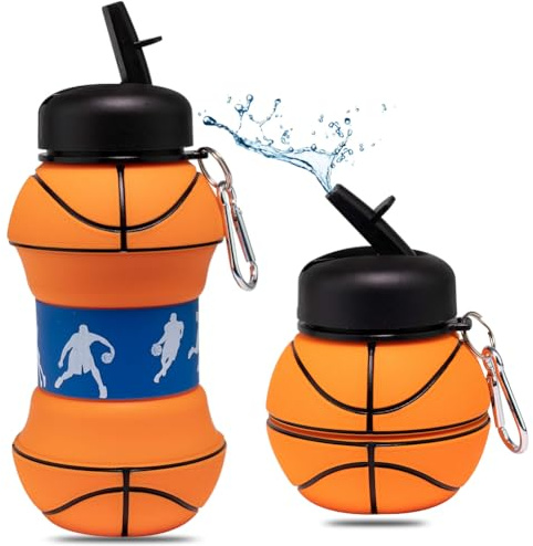 PLNVNVP Bottiglia d'acqua pieghevole,Borraccia Silicone Calcio, Borraccia per Bambini Borraccia Sportiva Palla, Portatile di Sport Basket Pieghevole Bottiglia di Acqua (550ml)