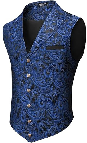 Chalecos Paisley para hombre estilo victoriano steampunk gótico chaleco de traje ajustado cuello en V chaleco de esmoquin moda chaleco de traje de una hilera chaleco chaqueta sin mangas, Z1 azul., XL