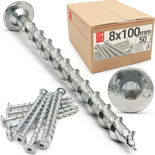 50x Vis béton 8x100 mm TX30 Torx tête plate – bois torx et vis à bois zinguées en acier pour béton, vis de charpente professionnelles – visserie Lun Fix