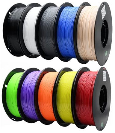 YUANEANG Lot de 10 rouleaux de filament PETG pour imprimante 3D, précision dimensionnelle +/- 0,03 mm, bobine de 1 kg, 1,75 mm, compatible avec la plupart des imprimantes 3D, noir, blanc, bleu, rouge